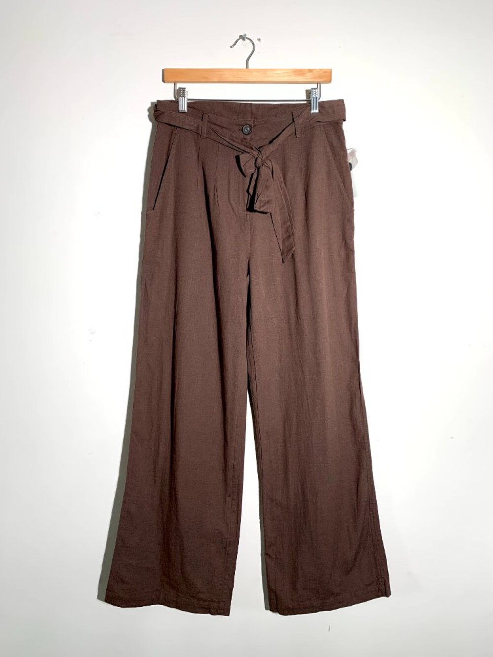 NWT NA-KD Brown Linen Blend Wide Leg Pants Tie Waist Trousers Minimalist L - Picture 3 of 9